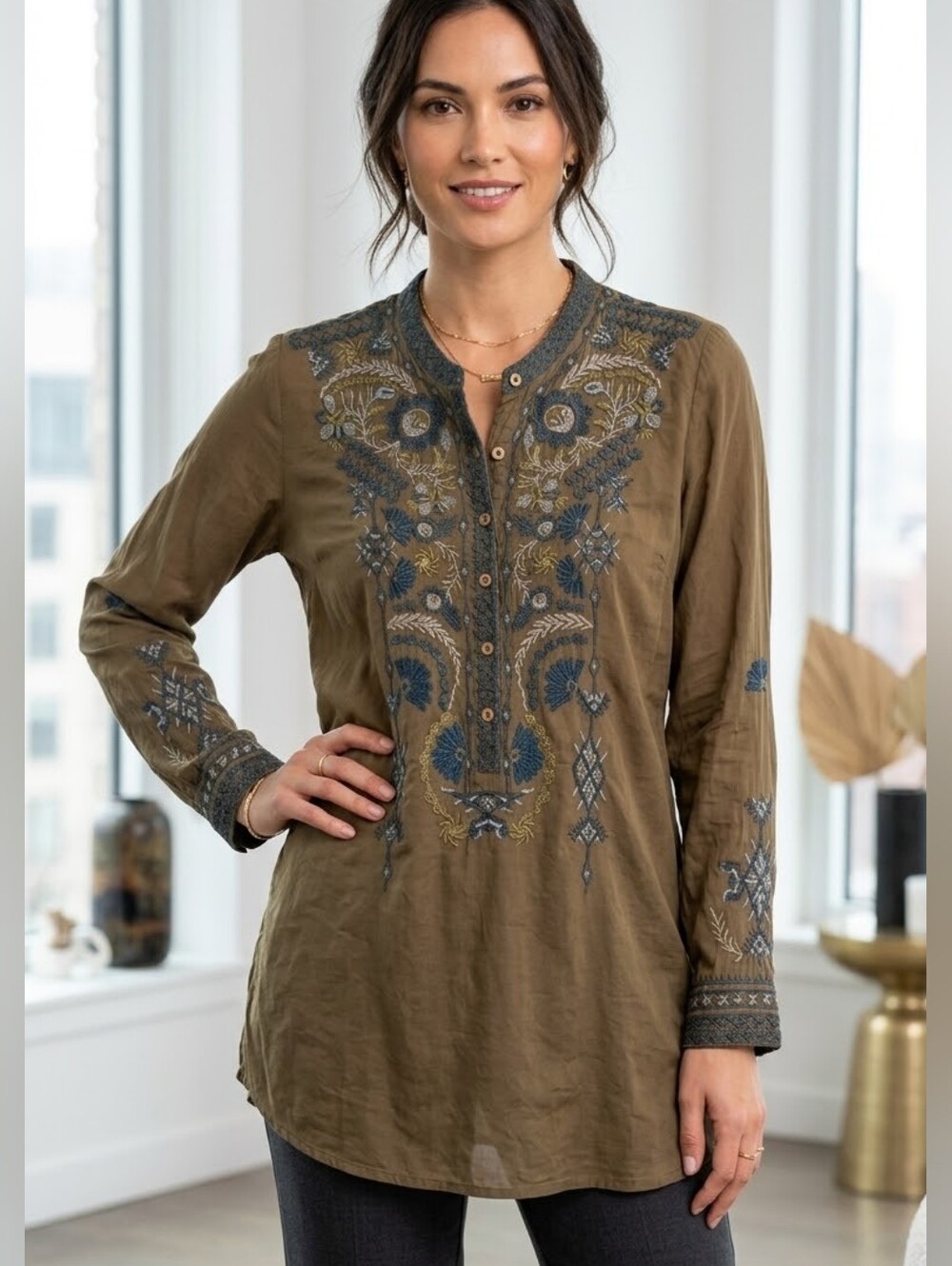 Johnny Was Silk Embroidered Shirt Size M
